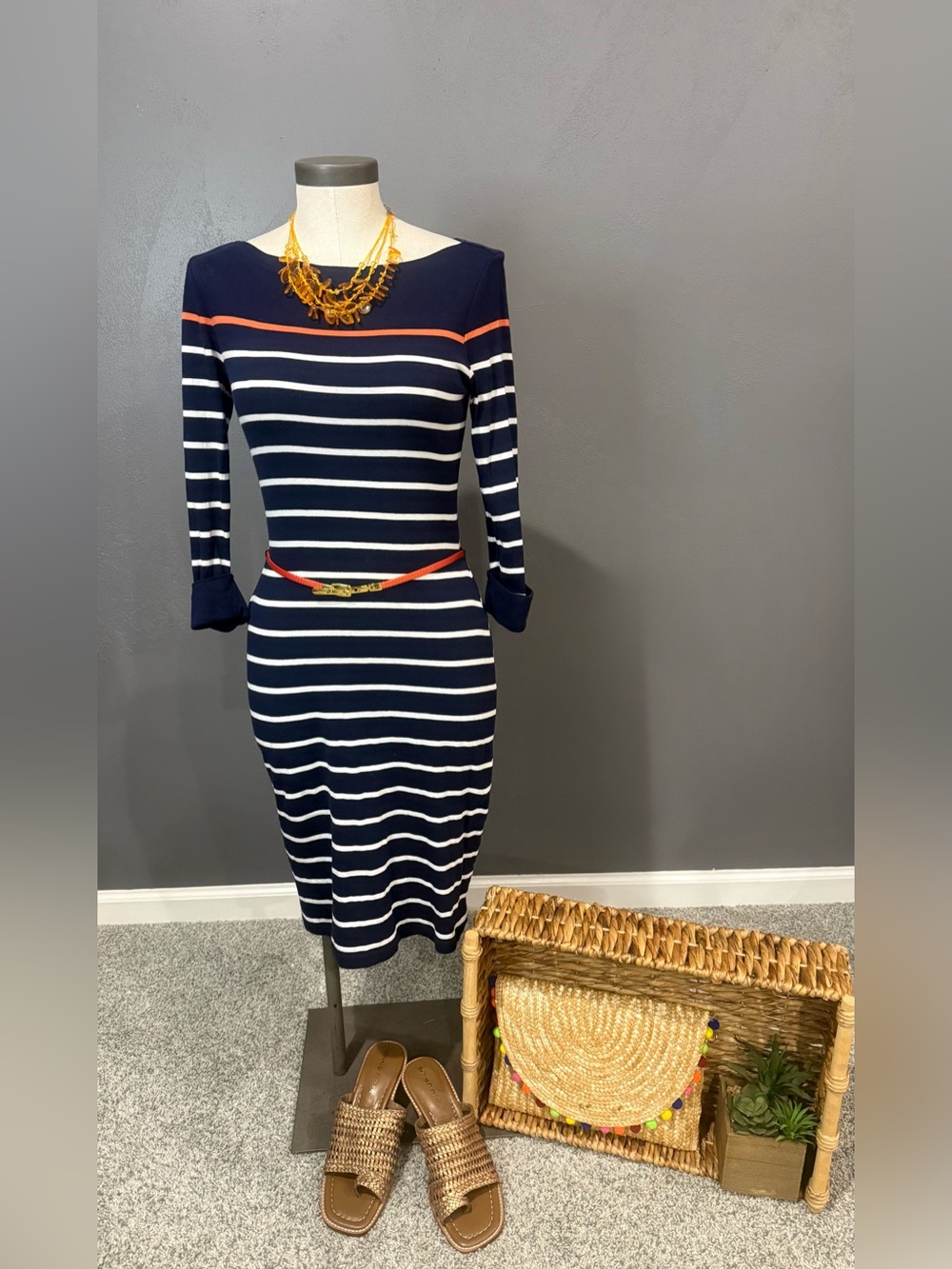 Lauren Ralph Lauren Navy and White Striped Midi Dress with Coral Accents
